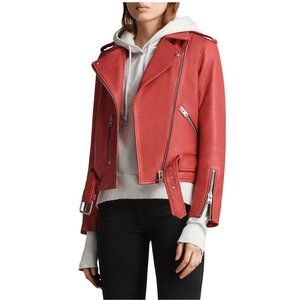 ALLSAINTS Balfern Belted Hem Leather Biker Jacket / Size 2 / Coral Red Moto